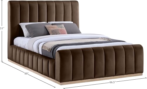 Image of Meridian Furniture AmaraBrown-Q Collection Modern | Contemporary Queen Bed, Ultra Luxe Brown 460 GSM Velvet, Natural Finish, Solid Wood Base and Inner Frame, 66.5 inch W x 99 inch D x 51 inch H, Brown, Queen