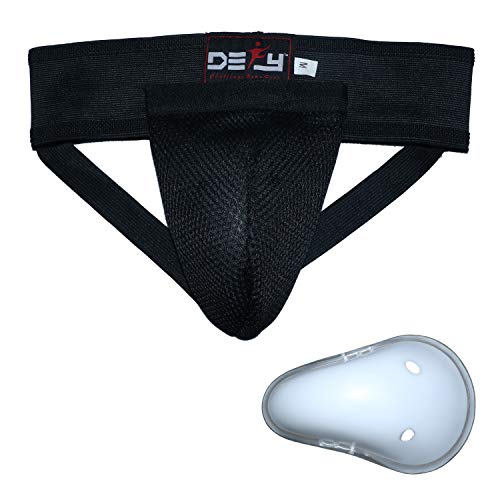 DEFY All Sports Men Groin Guards MMA Boxing Protector Martial Art Kick Boxing Muay Thai Cricket (Black, L)