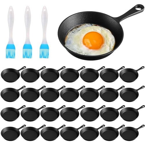 Remerry 30 Sets 4 Inches Cast Iron Skillets Mini Black Iron Nonstick Frying Pan Small Sizzling Plate Egg Pan Cast Pot Bundle with Oil Brush for Indoor and Outdoor Restaurant Kitchen