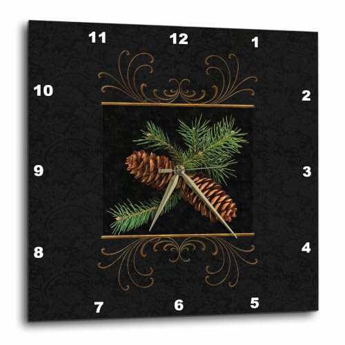 3dRose DPP_202963_2 Rich Black Damask and Gold Swirls Winter Pine Cone Watercolor Wall Clock, 13 x 13