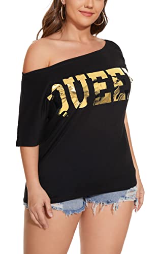 Pesion Womens Off The Shoulder Tops Sexy Shiny Shirts Long/Short Sleeves Fashion Graphic T-Shirts Blouses, Black+ Gold #2 X-Large #TOP4
