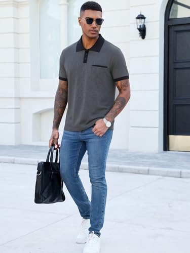 Image of Men's Casual Polo Shirts Summer Short Sleeve Contrast Collar Buttoned Tee Polo Shirt with Pocket