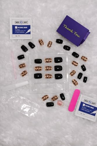 Image of 24 Pcs Reusable Artificial Nails Fake Nails with Glue and Kit|Wild Black Luxe Animal Print Pop Press On Nails | ABS Material UV Protected Long Lasting Finish | Reusable Customizable Nail Kit |Medium Square Nails