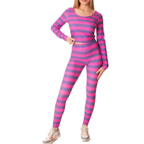 Owegvia Cheshire - Disfraz de gato para mujer, disfraz de fiesta de Halloween, cosplay, camisa de manga larga a rayas y pantalones, conjunto de disfraz de Halloween (fucsia, M)