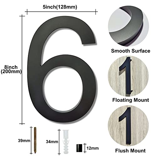 Ywonoby 8 Inch House Numbers for Outside-Large Modern 3D Floating Door Numbers-Weatherproof and Easy to install-Matte Black Acrylic Number (6) - Image 3