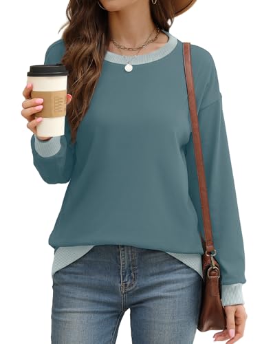 Image of Saloogoe Sweatshirts for Women Crewneck Long Sleeve Loose Fit Tops Color Block Ribbed Trim Fashion 2025