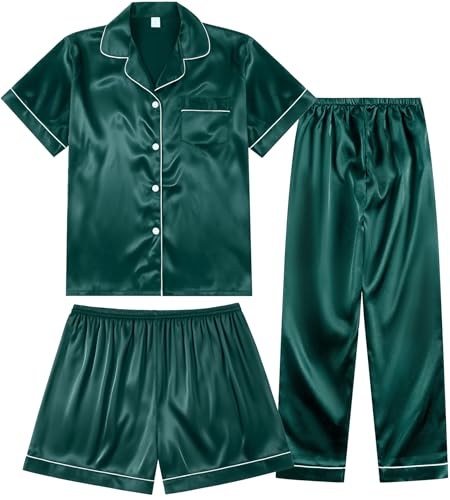 Image of 3 Piece Silk Satin Pajama Set for Women Soft Short Sleeve Button Down Pjs with Shorts Long Pants Sleepwear S-XXXL