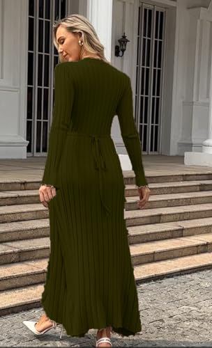 Image of RanRui Womens Winter Fall Pleated Knitted Fit and Flare Long Sleeve Sweater Dress
