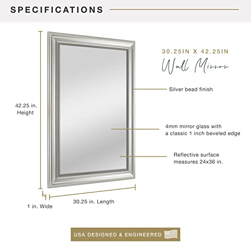Image of MCS 24x36 Large Wall Mirror, Silver Mirror with Beaded Detail, Vertical & Horizontal Wall Hanging Mirror for Bathroom, Bedroom & Livingroom
