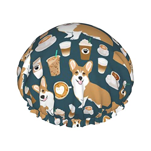 Simpatica cuffia da doccia Corgi per animali domestici e tè al latte per donna, riutilizzabile, doppia cuffia da bagno impermeabile per doccia