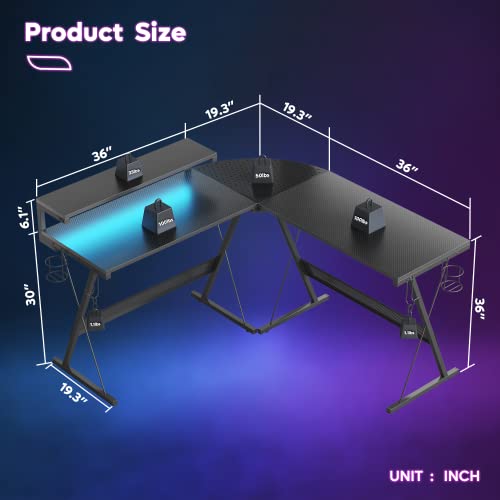 Bestier Led Gaming Desk 55" L Shaped Computer Corner Desk With 2 Cup Holders 2 Headset Hooks 36" Large Monitor Shelf Home Office Desk Bedroom Reversible 72" Long Desk For 2 Persons, Black #TOP2