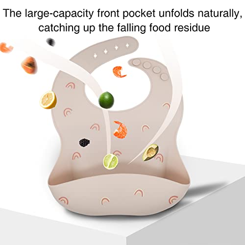 Silicone Bibs For Babies & Toddlers, Soft Waterproof Bibs With Food Catcher Pocket, Adjustable Baby Feeding Bibs 2 Pcs(Beige & Light Pink) #TOP1