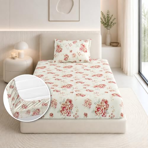 Image of Haus & Kinder Elastic Bedsheet Single Bed, 37 x 78 x 11 Inches Single Bedsheet Cotton Elastic Fitted with 1 Pillow Cover, Pure Cotton 186 TC, Breathable Wrinkel Free - English Rose Reverie