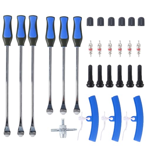 Image of 14.5 inch&11.5 inch Steel Tire Spoons Tool Set, 28Pcs Tire Changing Tools, Motorcycle Tire Changer, Dirt Bike Tire Levers, 6 * Tire Spoons, 1 * Valve Removal Tool etc. (Blue)