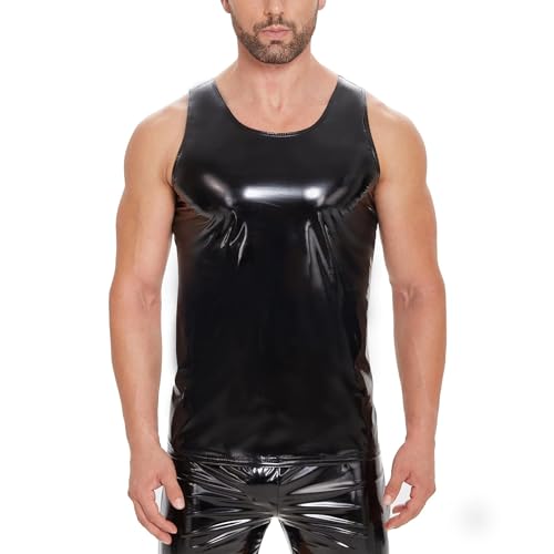 Débardeur en cuir brillant homme t-shirt sans manches col bateau