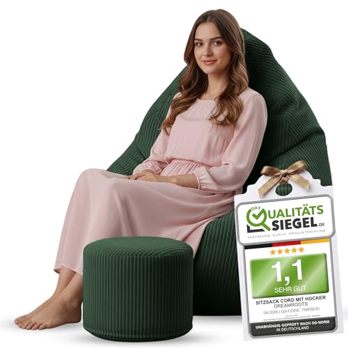 DreamRoots Sitzsack Cord Erwachsener Sitzsäcke Jugendlicher Teenager 80x80x120cm - Sitzsack mit Füllung, Hocker, Lehne und Bezug - Bean Bag Chair - Sitzkissen Boden