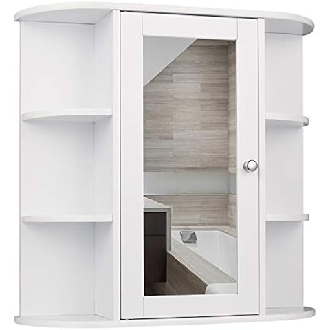 EUGAD Armarios con Espejo para Baño Cocina Mueble Espejo para Baño Mueble de Pared de baño Espejo con Estante Mueble Joyero de Madera con 6 Estantes Blanco Cover