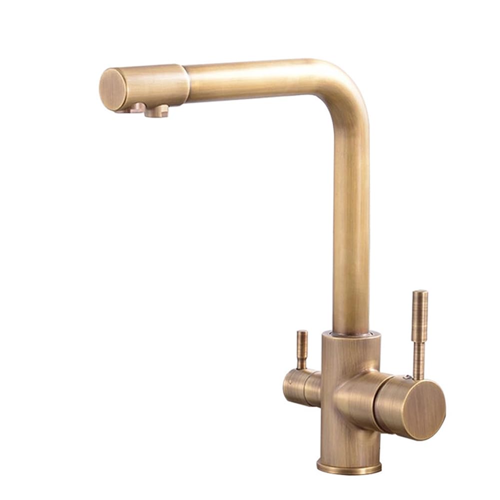 BHFPFZA 3-Way High Arc Kitchen Water Filter Tap Brass Dual Lever 360° Swivel Faucet Antique h Commercial Sink Mixer for Drinking Water 1 Hole Installat