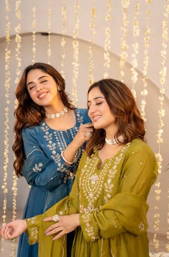 Image of Women Chanderi Silk Embroidered Kurta Pant Dupatta Set | Ethnic Wear | 2.25m Dupatta | S-XXL | Green & Teal Blue
