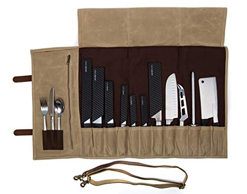 Waxed Canvas Chef Knife Roll - 15 Knife Slots, Card Holder and Zippered Pocket - Genuine Leather and Brass Buckles - Knives Not Included (Beige)