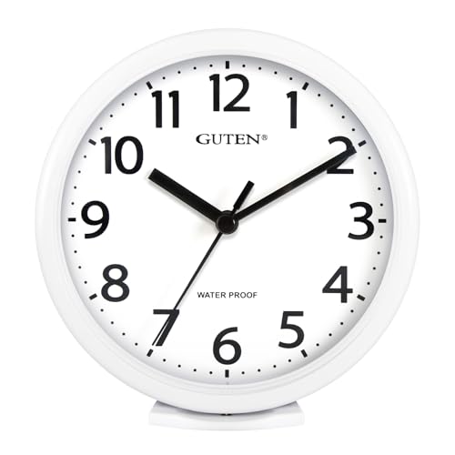Caysie 6 Inch Waterproof Bathroom Shower Clock Hanging or Standing Silent Battery Operated Quartz Magnetic Wall Clocks for Kitchen Bathroom Home (White)