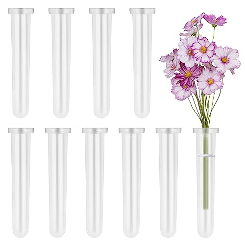 RNHDLY 10 Piezas Tubos Flores 11 x 2,5 cm Tubos de Agua Florales, Tubos de Plástico para flores, Tubos de Agua de Flores Transparentes con Tapas Viales de Plástico Reutilizables para Arreglos Florales