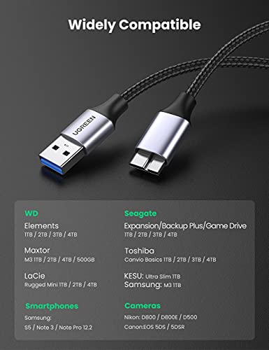 Image of UGREEN Micro USB 3.0 Cable USB 3.0 A Male to Micro B Cable Nylon Braided External Hard Drive Cable Compatible for Samsung Galaxy S5, Note 3, WD Camera, Hard Drive and More 1.5FT-Black