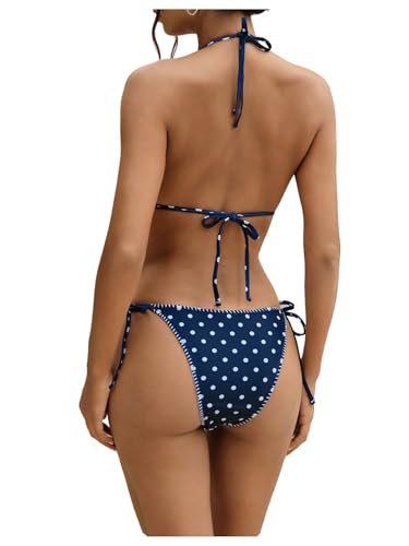 SweatyRocks Women's Bikini Halter Tie Side Backless Polka Dots Print 2 Piece Bathing Suits Summer Beach3
