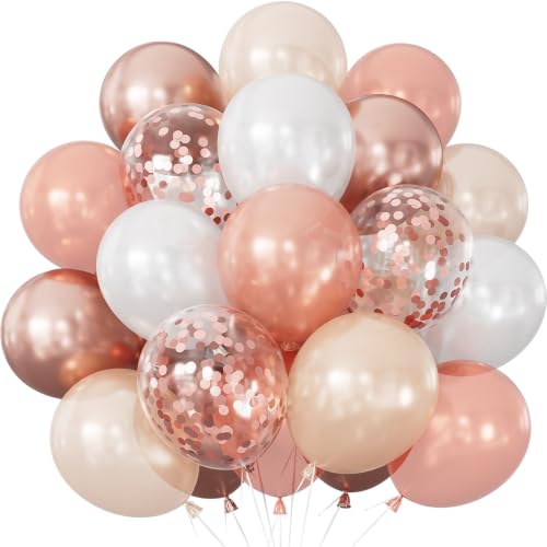 Adeyoo Rose Gold Balloons - 50 Pcs 12 Inch Rose Gold and White Balloons with Glitter Confetti Balloon Elegant Birthday Balloon for Women Girls Birthday Wedding Bridal Shower Party Decorations