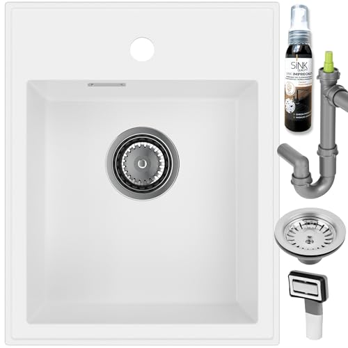Il set include: lavello da incasso bianco piccolo 40 x 50 x 20 cm per sottolavelli a partire da 40 cm, sifone salvaspazio, istruzioni per il montaggio, ganci di fissaggio, impregnante