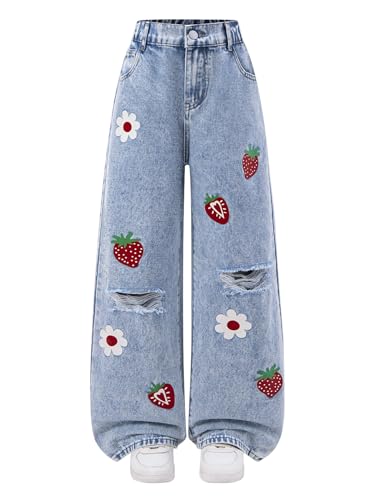 Peakpride Girls Baggy Jeans Size 10 Y2k High Waisted Ripped Frayed Cute Strawberry Print Denim Pant Straight Leg Street Wear Style