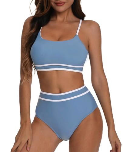 karrack Women's High Waisted Bikini Set Two Piece Swimsuits Color Block Adjustable Straps Bathing Sporty Suits