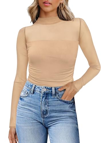 Sexy Tops for Women Date Night Outfits Mesh Long Sleeve Lace Shirts Fall Concert Outfits Mock Turtleneck Fashion Clothing C-Apricot - image 1