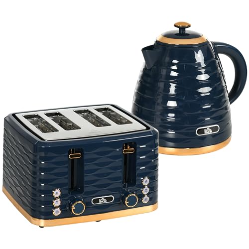 HOMCOM Wasserkocher Toaster Set Frühstück-Set mit 1,7L Wasserkocher, 4 Scheiben Toaster, 2200 W, 7 Bräunungsstufen, Auftauen, Aufwärmen und Krümelfach, Otter Thermostat, Blau