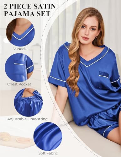 Image of Silk Pajamas for Women Short Sleeve Satin 2 Piece Pj Set Soft V Neck Sleepwear Loungewear, S-XXL