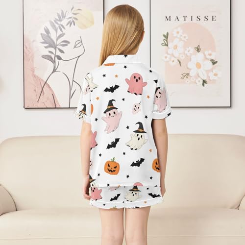 Satin Pajama Sets Short Sleeve Halloween Ghosts Pumpkins Bats Button Down Silky Nightwear 2 Piece PJS 5-14Y4