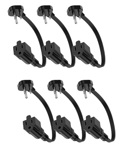 Image of Flat Plug Short Extension Cord 1Ft Low Profile Adapter 3 Prong Indoor Small Grounded Power Cable Outlet Saver 16AWG 13A 1625W Black 6 Pack