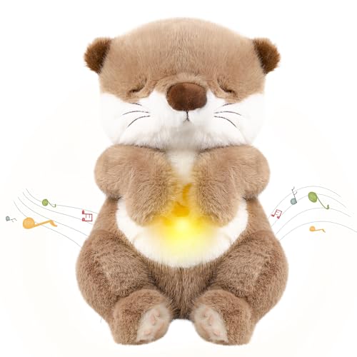 Edencomer Schlummer Kuscheltier - Schlummer Otter mit Simuliertem Atem Musik und Nachtlicht Kuscheltier mit Atembewegung Begleiten Sie Kinder Zum Schlafen Ostern Geschenke Kinder (Brauner)