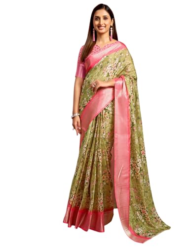 Image of SIRIL Women's Dola Silk Printed Jacquard Border Ready To Wear Saree with Unstitched Blouse Piece