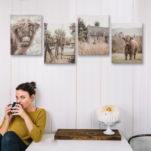 Image of Vintage Farm Cow Farmhouse Decor Cow Prints Canvas Wall Art Prints Pictures Wall Decor for Home Bedroom Office Bathroom Rustic Western Country Birthday Housewarming Gifts 4PCS,Framed,8x10IN