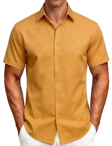 JEMITOP Mens Stretch Wrinkle-Free Soft Slim Fit Dress Shirts Short Sleeve Formal Wedding Business Casual Button Down Up Shirt Summer Gold L