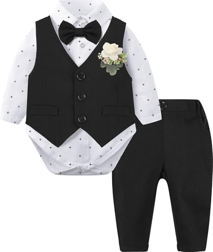mintgreen - mintgreen Costume Bebe Garcon, Mariage Gentleman Body Gilet Fleurs de Poitrine Vêtements Ensemble, Noir, 12-18 Mois, 90
