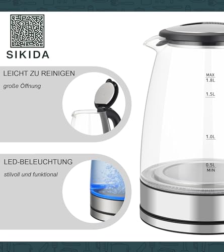 Sikida Glas Wasserkocher 1,8L - sehr leise - zertifiziert BPA-frei, 360° drehbare Basis, LED-Beleuchtung, Borosilikatglas, automatische Abschaltung, Überhitzungsschutz, Stilvoll & langlebig