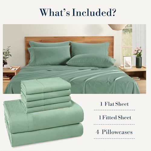 Casa Platino King Sheet Set – 100% Cotton Sheets with 4 Pillowcases, Crisp Percale Weave & Cozy Feel, Cooling & Breathable King Bed Sheets with 15" Deep Pocket, Excellent Quality & Fit – Sage Green - Thumbnail 4