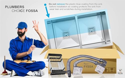 Image of Fossa 32 inchx20 inchx10 inch 5-Year Warranty Premium Double Bowl Stainless Steel Handmade Kitchen Sink | Sink with Waste Coupling & PVC Waste Pipe - Silver (Matte Finish)
