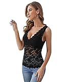 Floerns Women's Contrast Lace Sleeveless Scalloped Hem V Neck Sheer Tank Top Black M