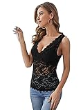 Floerns Women's Contrast Lace Sleeveless Scalloped Hem V Neck Sheer Tank Top Black S