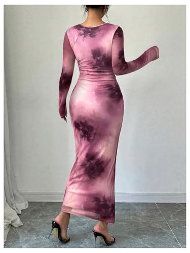 Image of Milumia Women's Tie Dye Boat Neck Long Sleeve Fall Dress Ruched Bodycon Maxi Slimming Dresses Cocktail Party