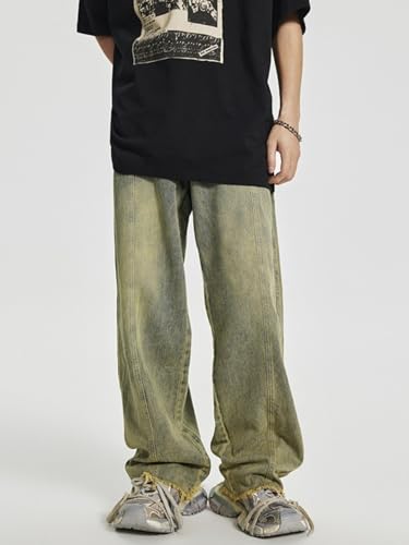 Jeans Pants Trouser Denim Spring High Street Yellow Mud Men's Fashion Retro Straight Hairy Haired Men and Women2