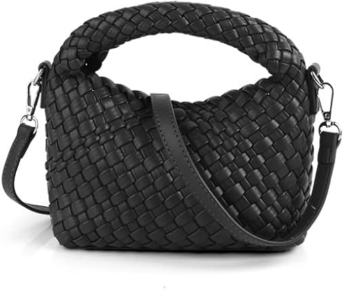 Women Woven Purse Small Crossbody Bag, Soft PU Leather Weave Tote Handbags Handmade Hobo Clutch with Detachable Strap (Black)